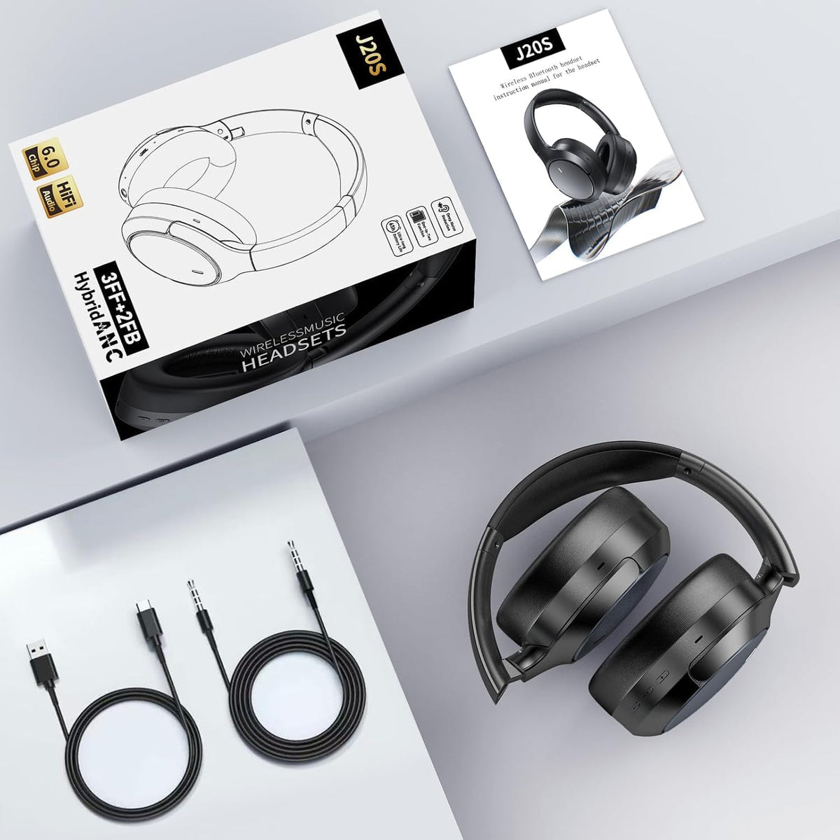 Auriculares inalámbricos ANC híbridos sobre la oreja, tiempo de rep...