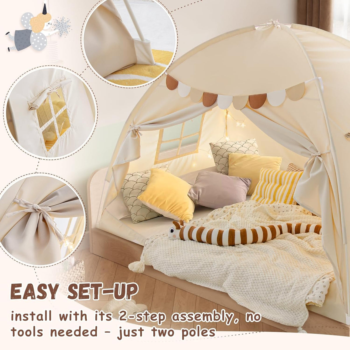 Toldo de cama de tamaño completo, litera para niños, tienda de camp...