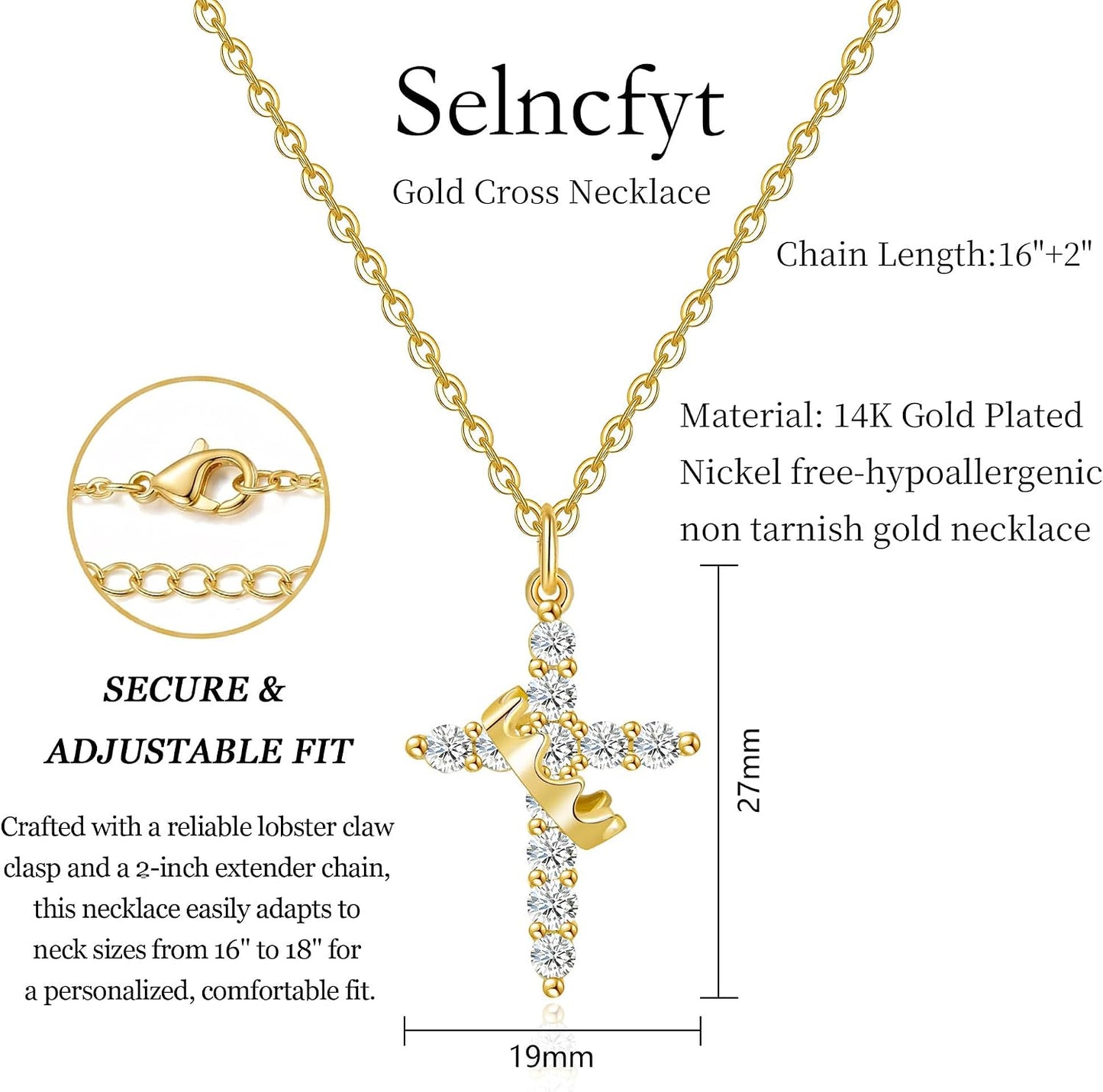 Selncfyt Collar de cruz para mujer, chapado en oro de 14 quilates,...