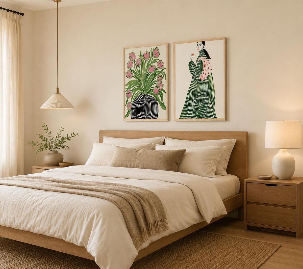 Lienzo enmarcado para pared, diseño de tulipanes, jarrón de mujer,...