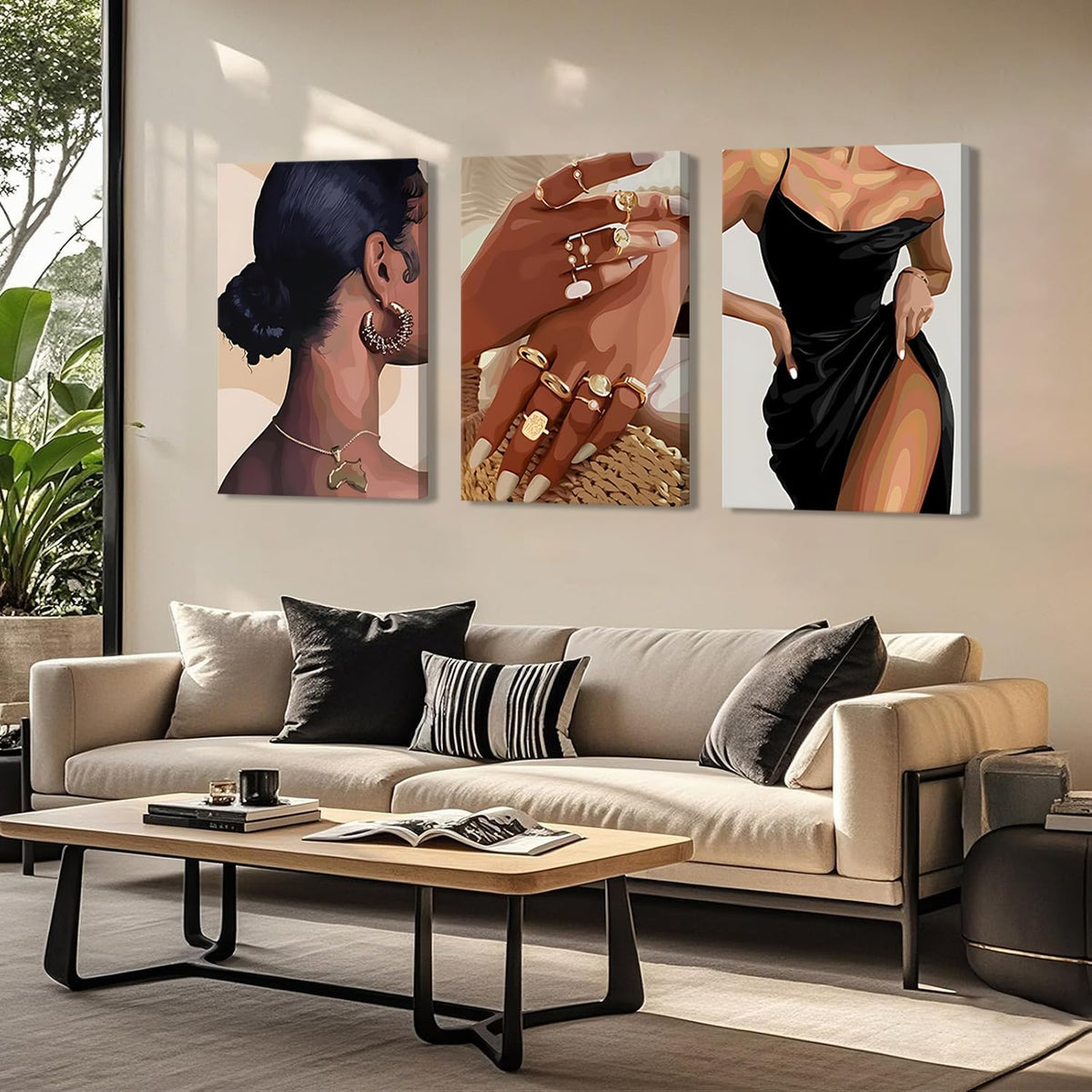 Elegante Arte de Pared de Mujer Negra Juego de 3, Pintura Abstracta...