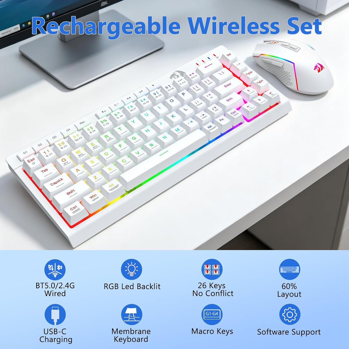 Redragon Combo de teclado y mouse inalámbricos para juegos, Bluetoo...