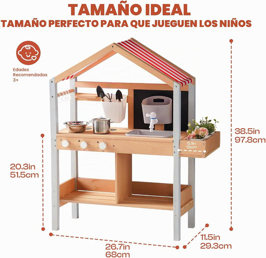 ROBUD Cocina de barro para niños, juego de madera al aire libre con...