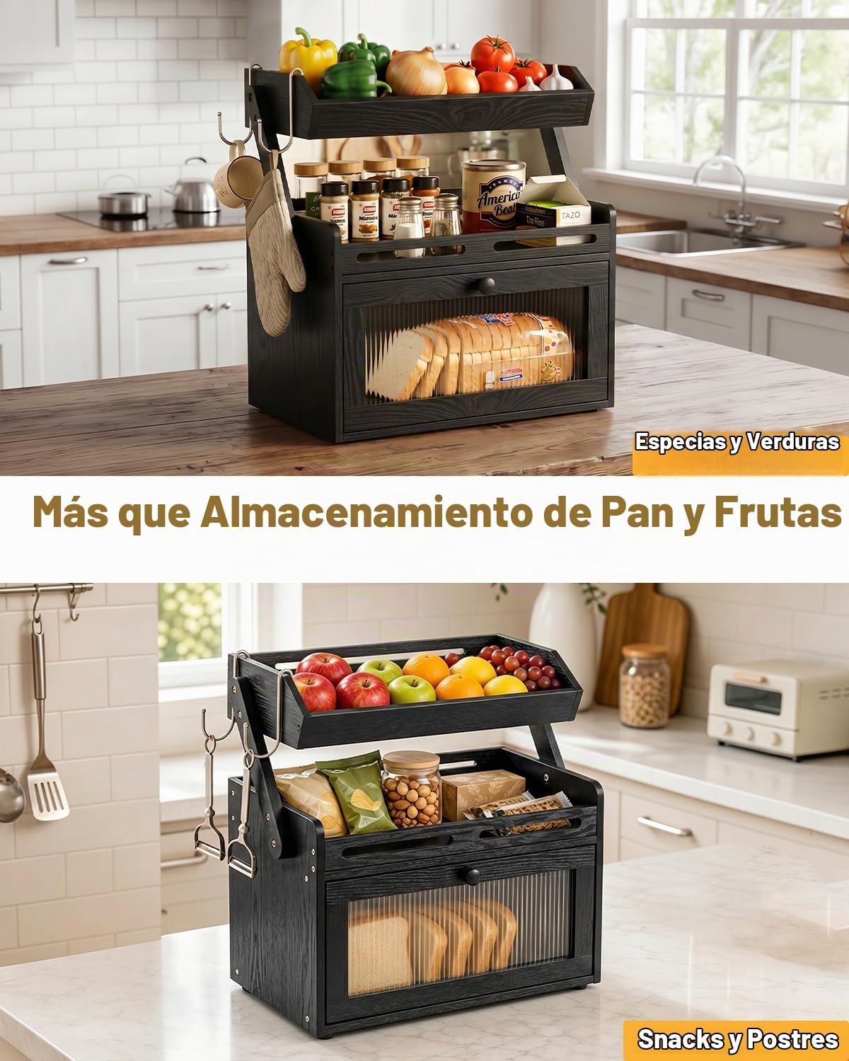 Caja de pan para encimera de cocina, almacenamiento de pan de bambú...
