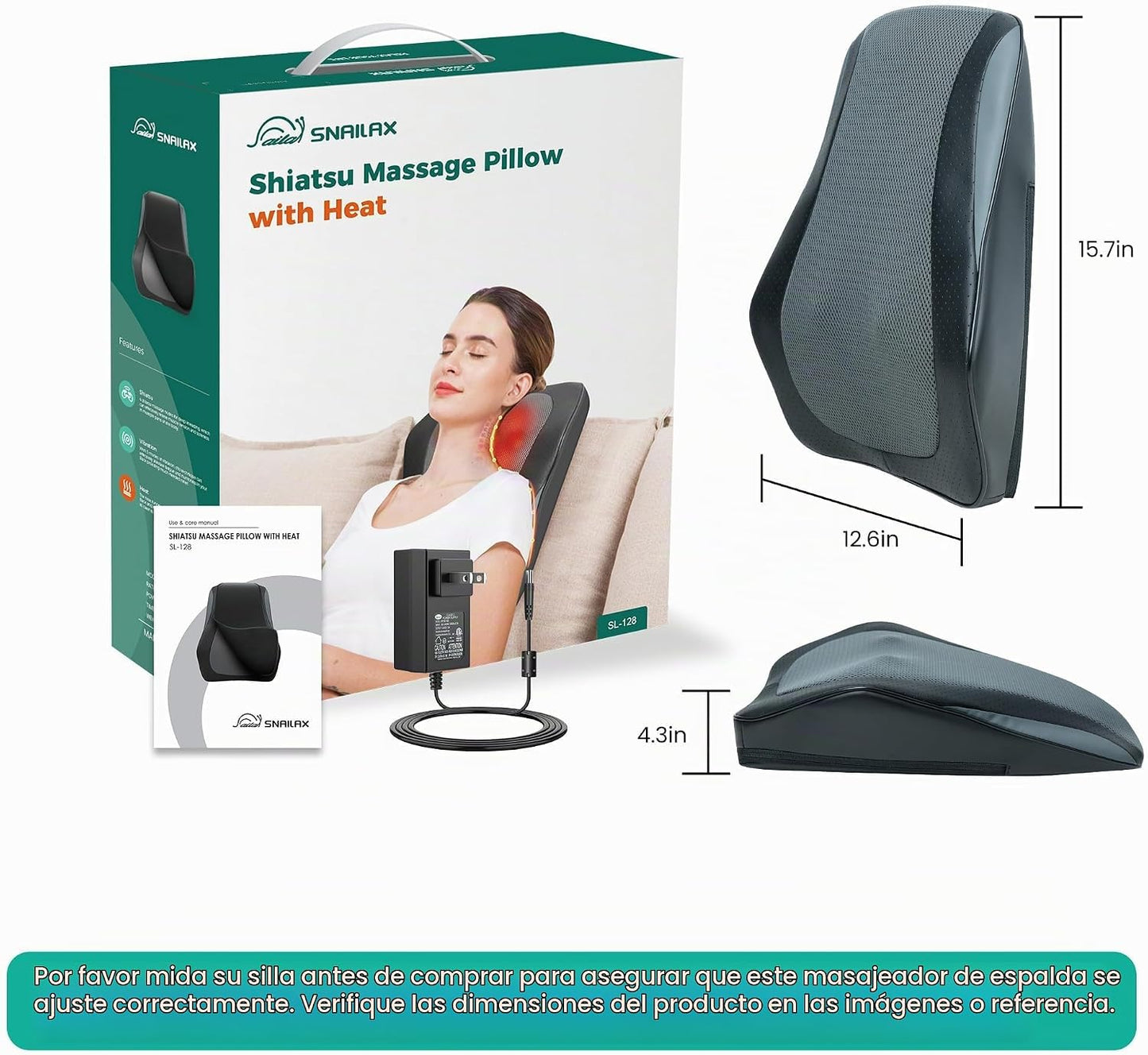 Snailax Masajeador de cuello y espalda con calor, almohada de masaj...