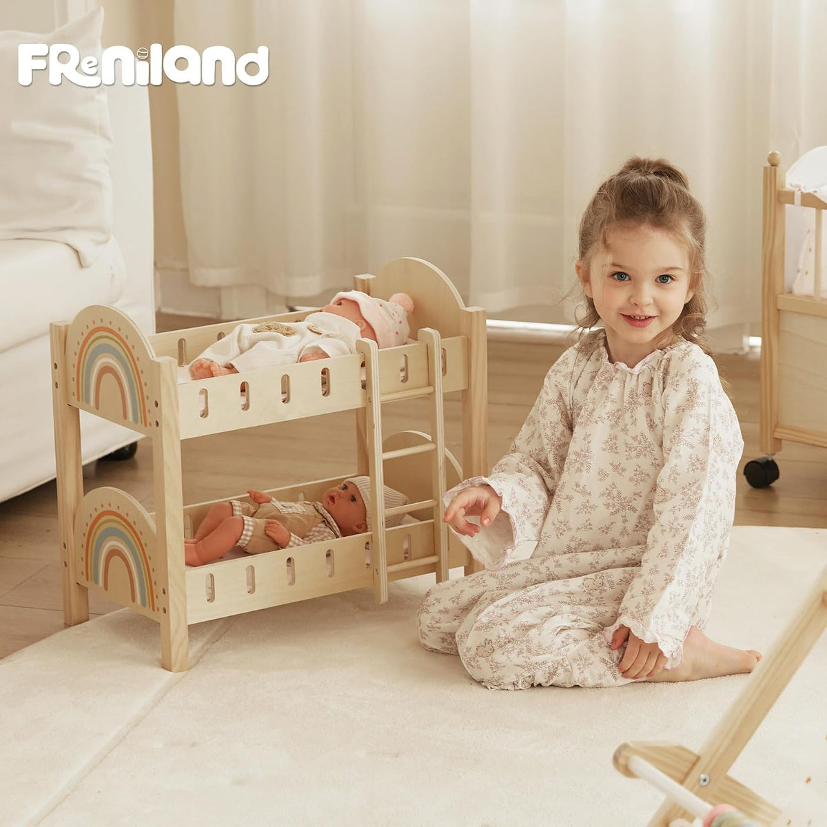 Freniland Litera de madera para muñecas con escalera y ropa de cama...