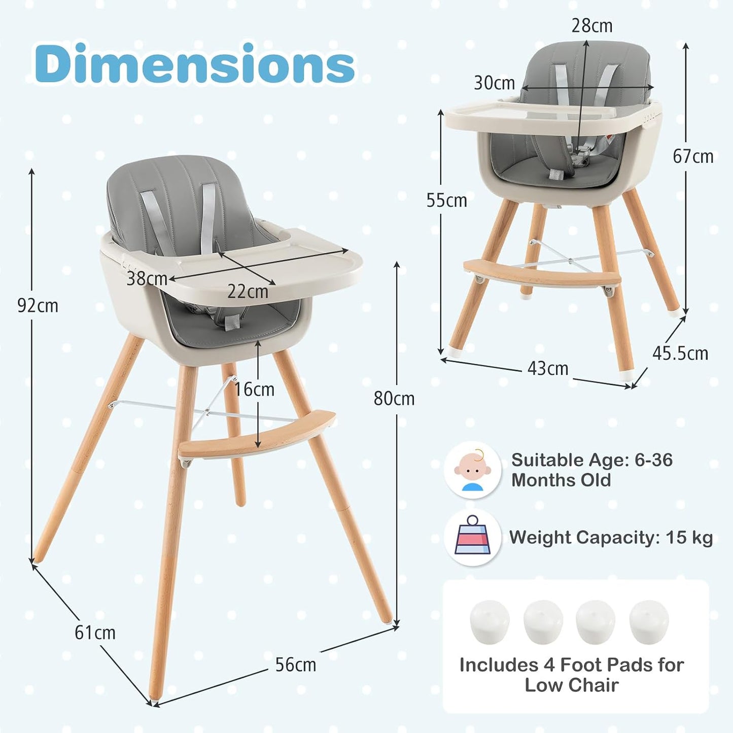HONEY JOY Silla alta para bebé, silla alta de madera 6 en 1 con ban...