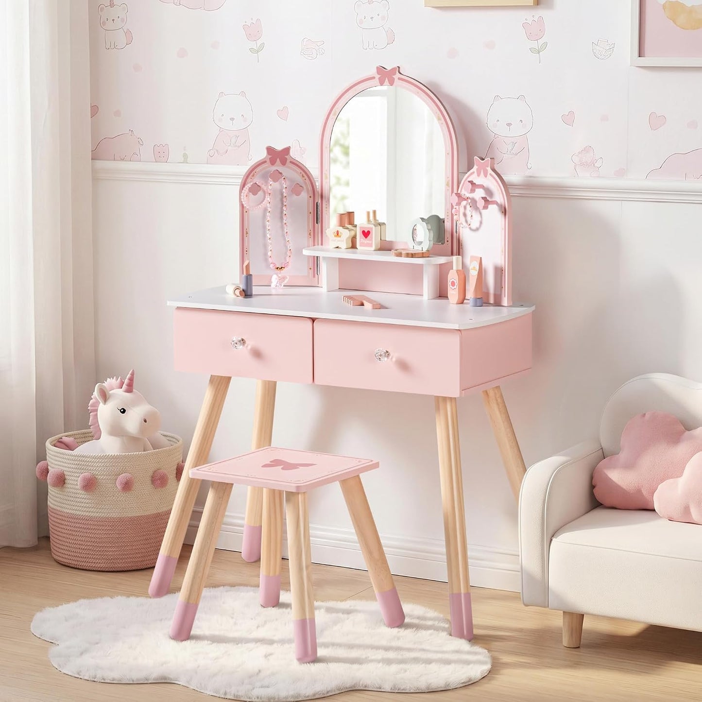 ROBUD Juego de mesa y silla para niños, juego de tocador para niñas...