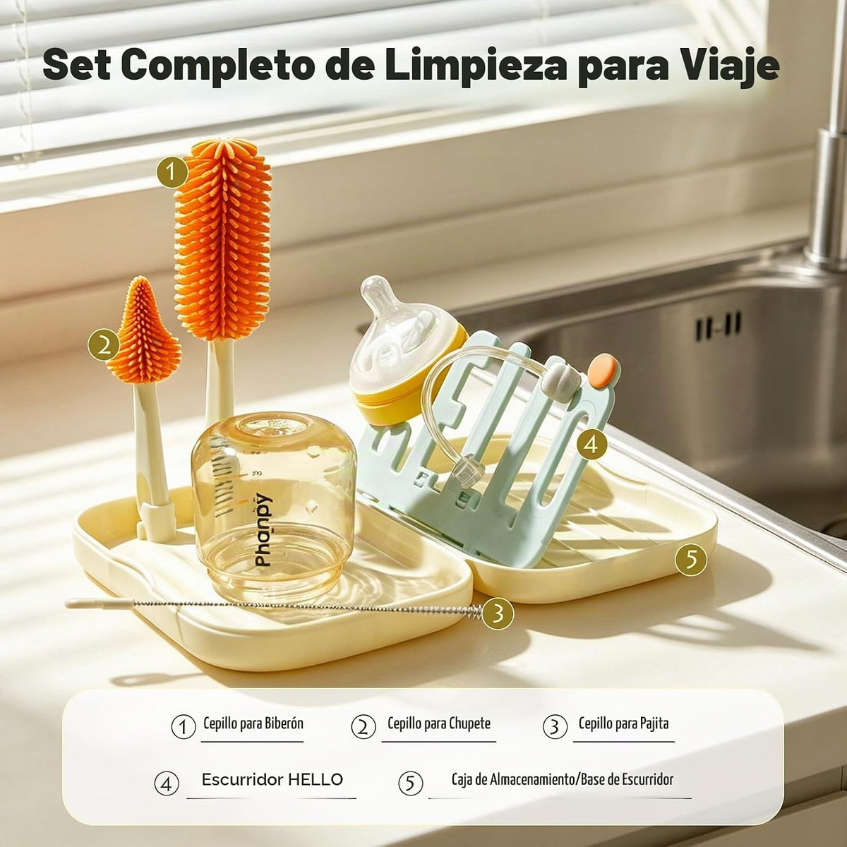 Phanpy Juego de cepillos para biberones de viaje, kit limpiador de...