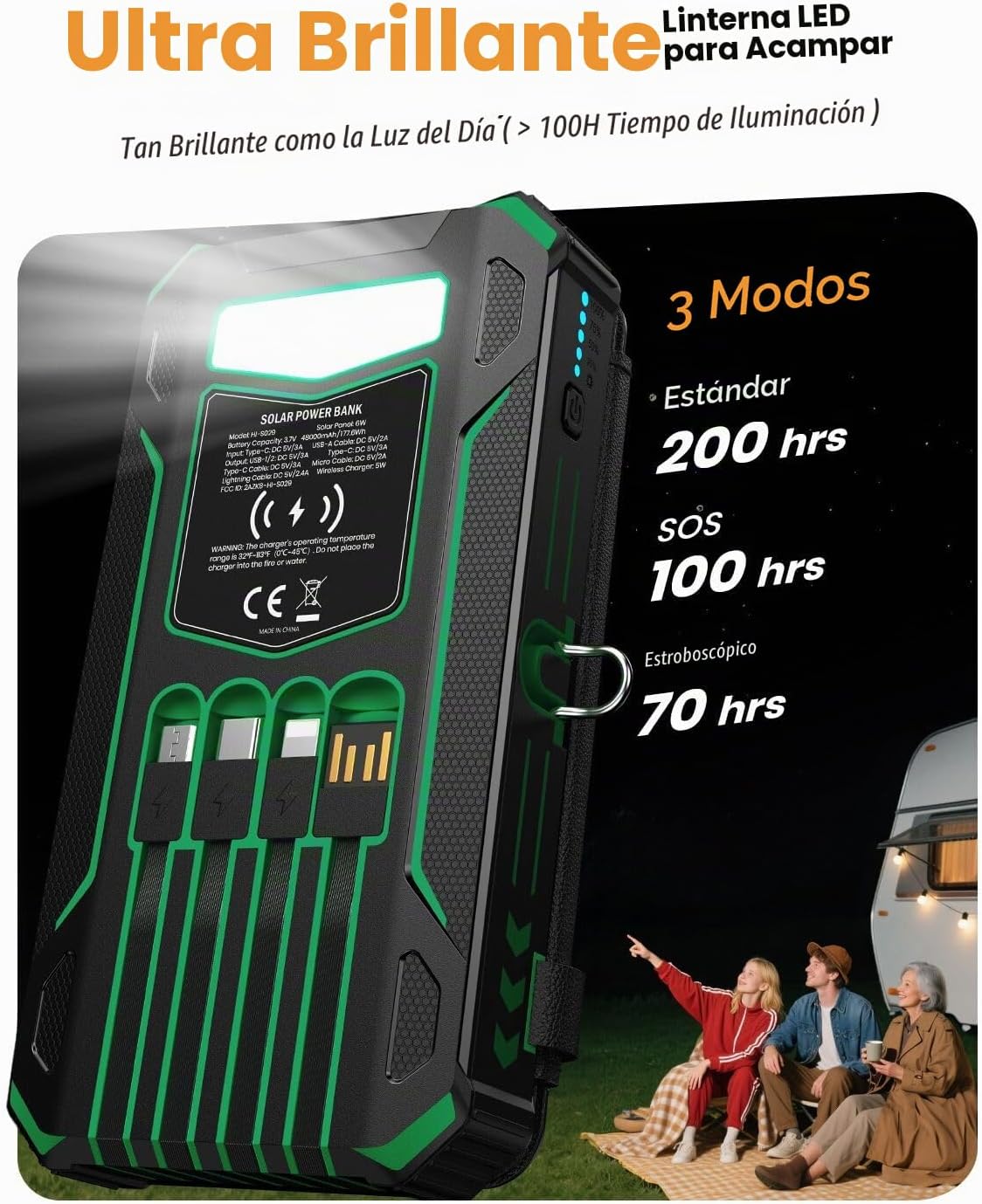 Banco de energía solar 48000mAh construido en 4 cables, linterna, e...