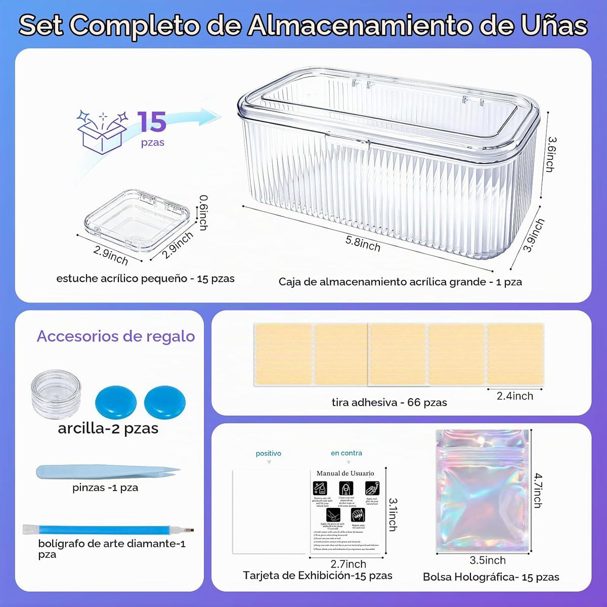 Juego de organizador de almacenamiento de uñas a presión, 15 fundas...