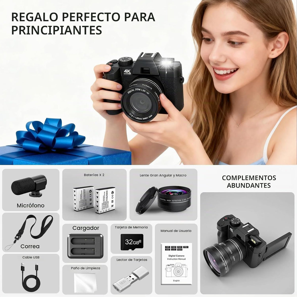 Cámara digital 4K para fotografía con WiFi, cámara de videoblogs co...