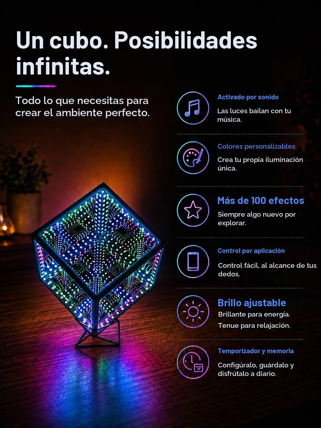 Heepulor Infinity Mirror Hyper Cube - Lámpara de mesa, luz de humor...