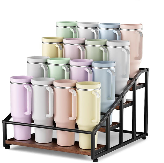 3-Tier Stanley Cup Holder for 12 Tumblers, Lid Organizer, Black Woo...