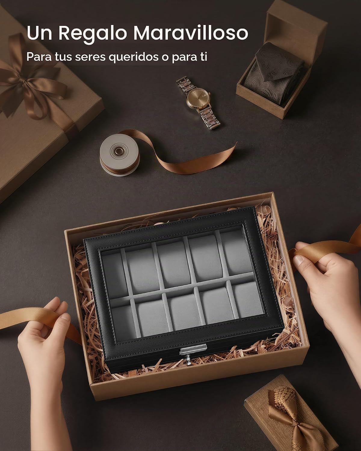 SONGMICS Caja de reloj, organizador de 20 ranuras para reloj con ta...