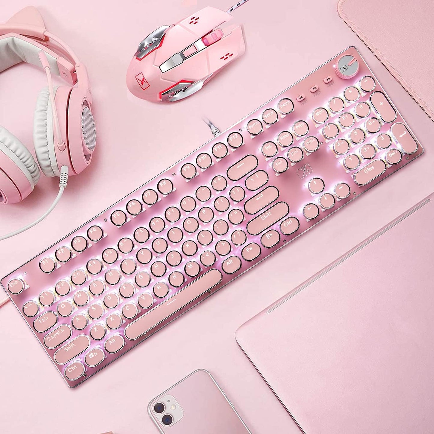 Teclado y mouse de máquina de escribir rosa, teclado mecánico retro...