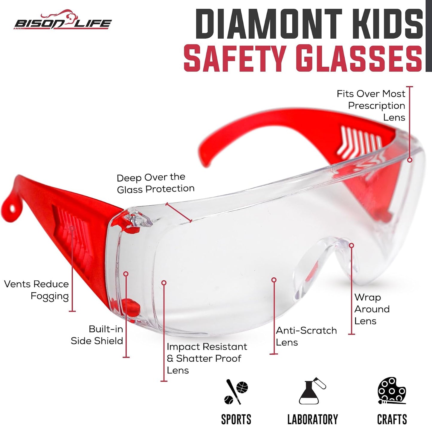 BISON LIFE Gafas de seguridad para niños, gafas protectoras para ni...