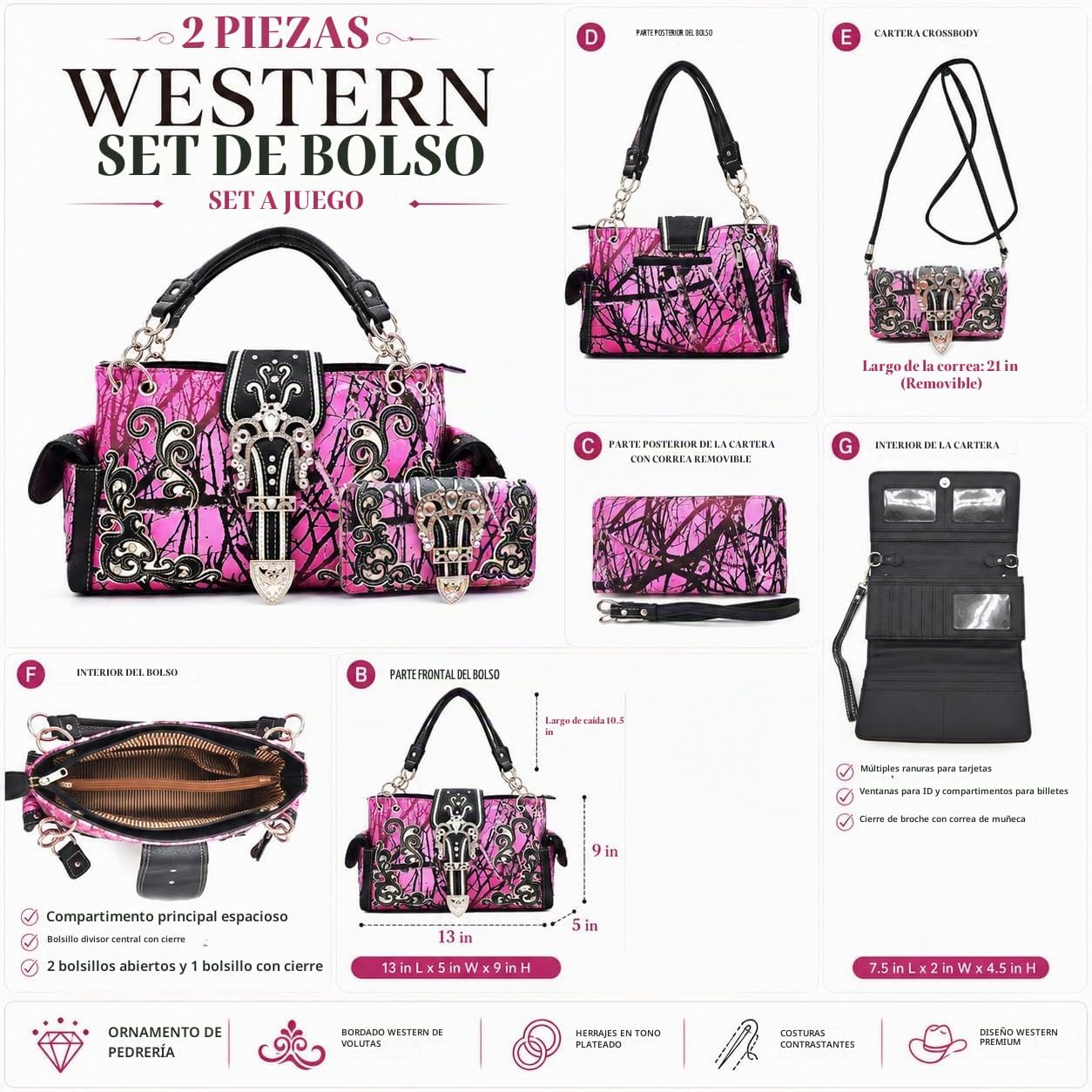 Bolso estilo occidental con hebilla de corona camuflaje, brillo flo...