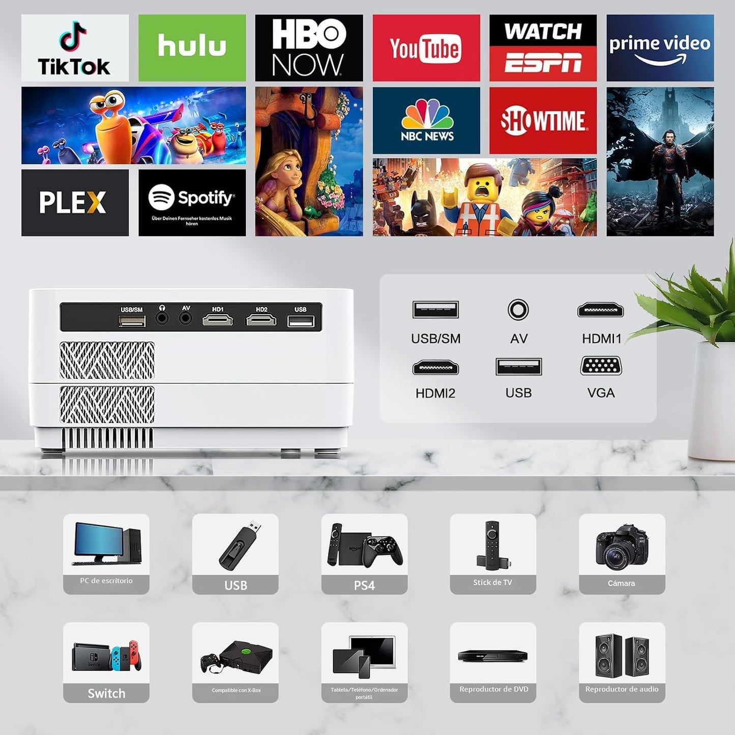 Proyector Native 1080P con WiFi 6 y Bluetooth bidireccional, proyec...