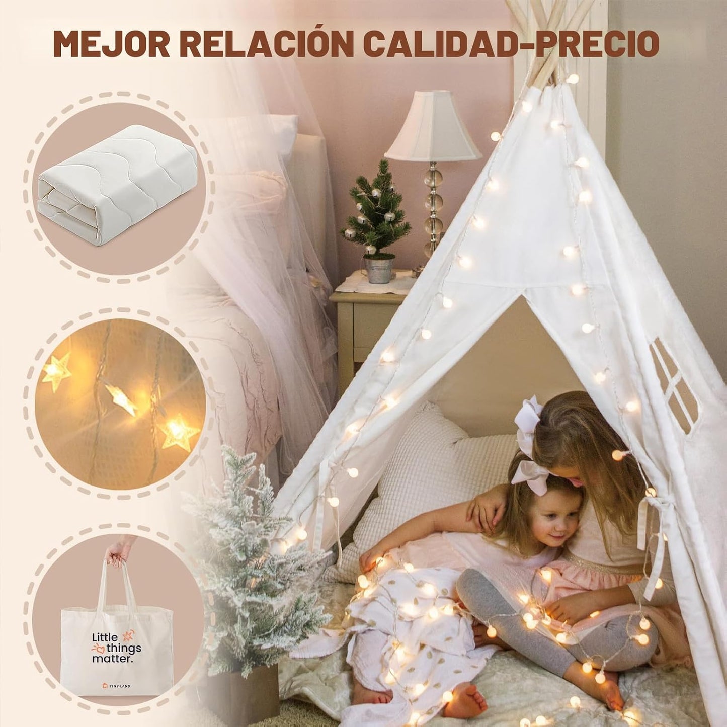 Tienda tipi de lona blanca para juegos infantiles con alfombrilla d...