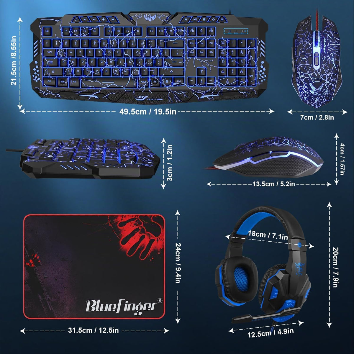 BlueFinger Combo de Teclado Retroiluminado para Juegos, Mouse y Aur...