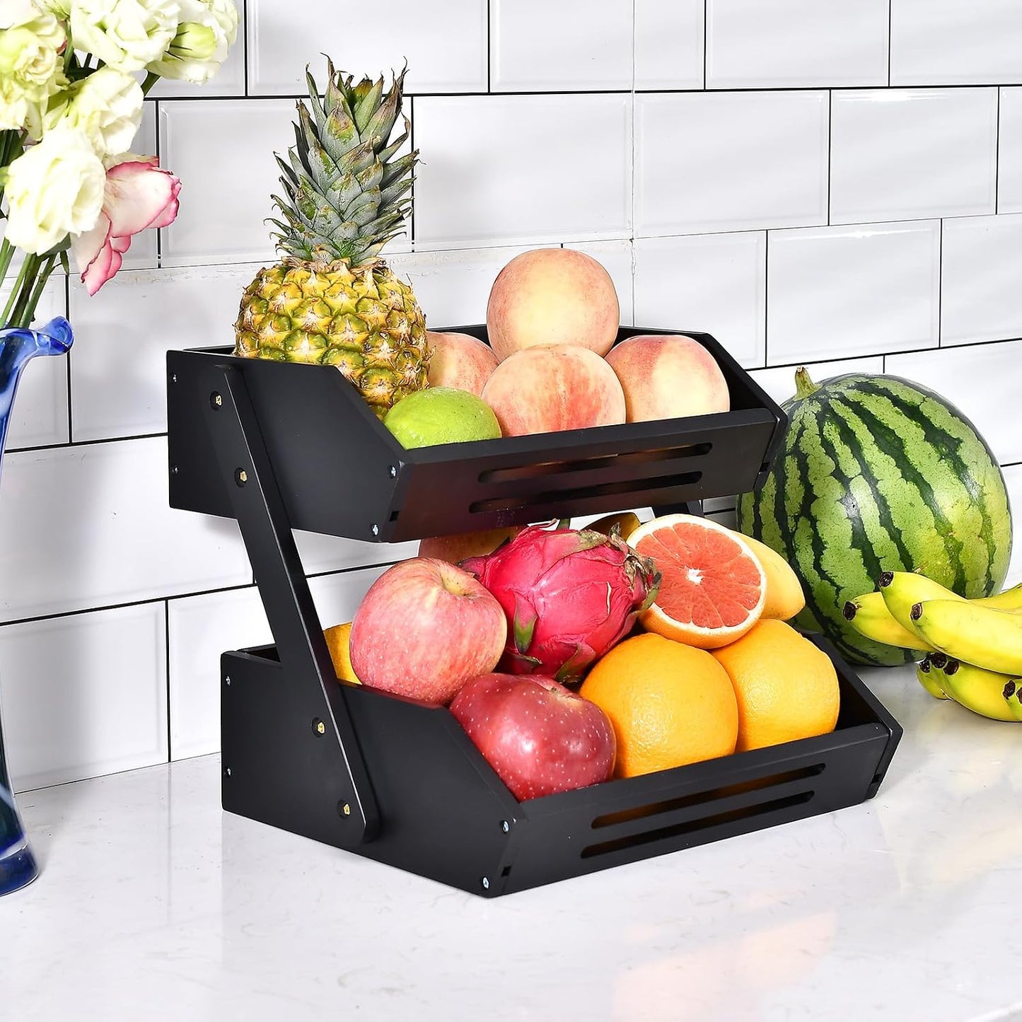 VIKEYHOME Cesta de frutas de bambú, frutero de 2 niveles para cocin...