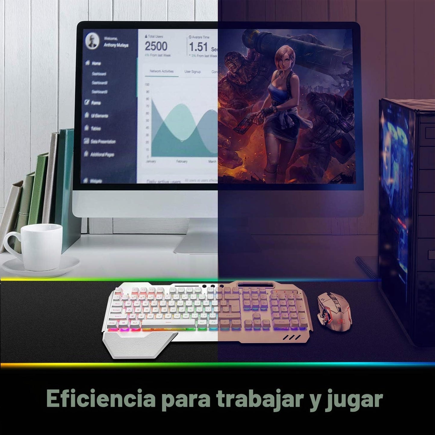 Teclado y ratón inalámbricos para juegos, teclado recargable con re...