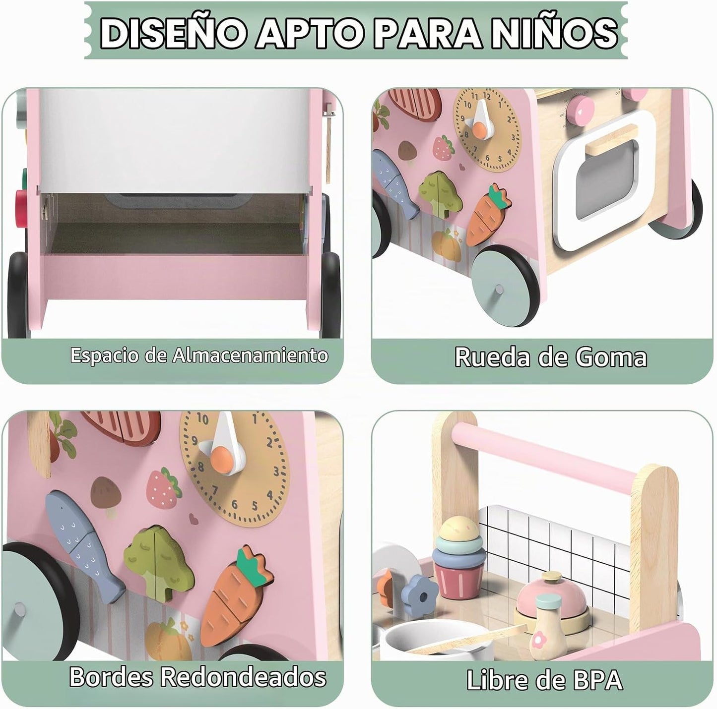 Gigglegems Andador de madera para bebés 4 en 1 con juguetes de empu...