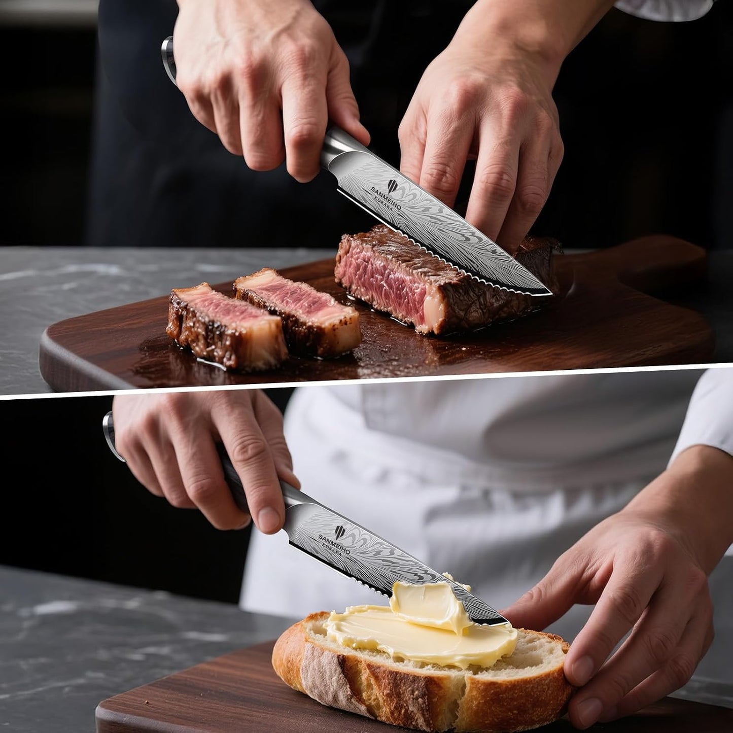 SANMEIHO Juego de 6 cuchillos para carne, ultra afilados de acero e...