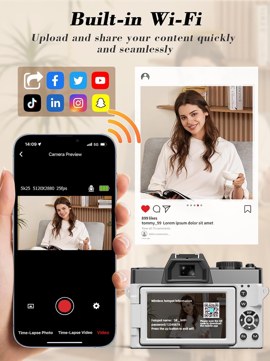 Cámara digital True 5K 64MP para fotografía (blanco perla) | Enfoqu...