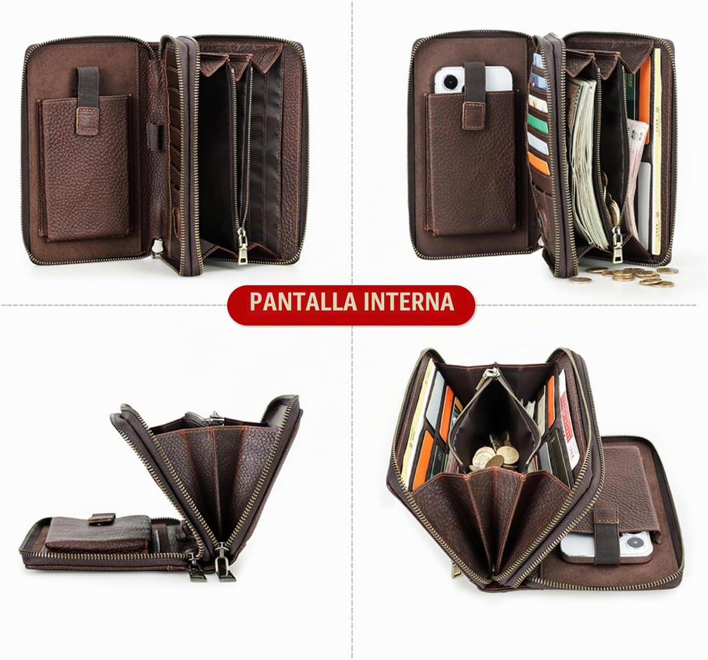 Cartera de cuero genuino de grano superior con cremallera para homb...