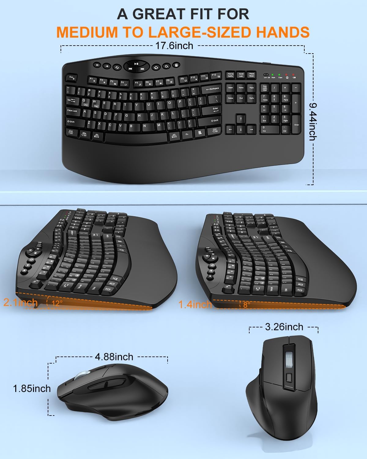 Combo ergonómico de teclado y mouse inalámbricos, teclas onduladas...