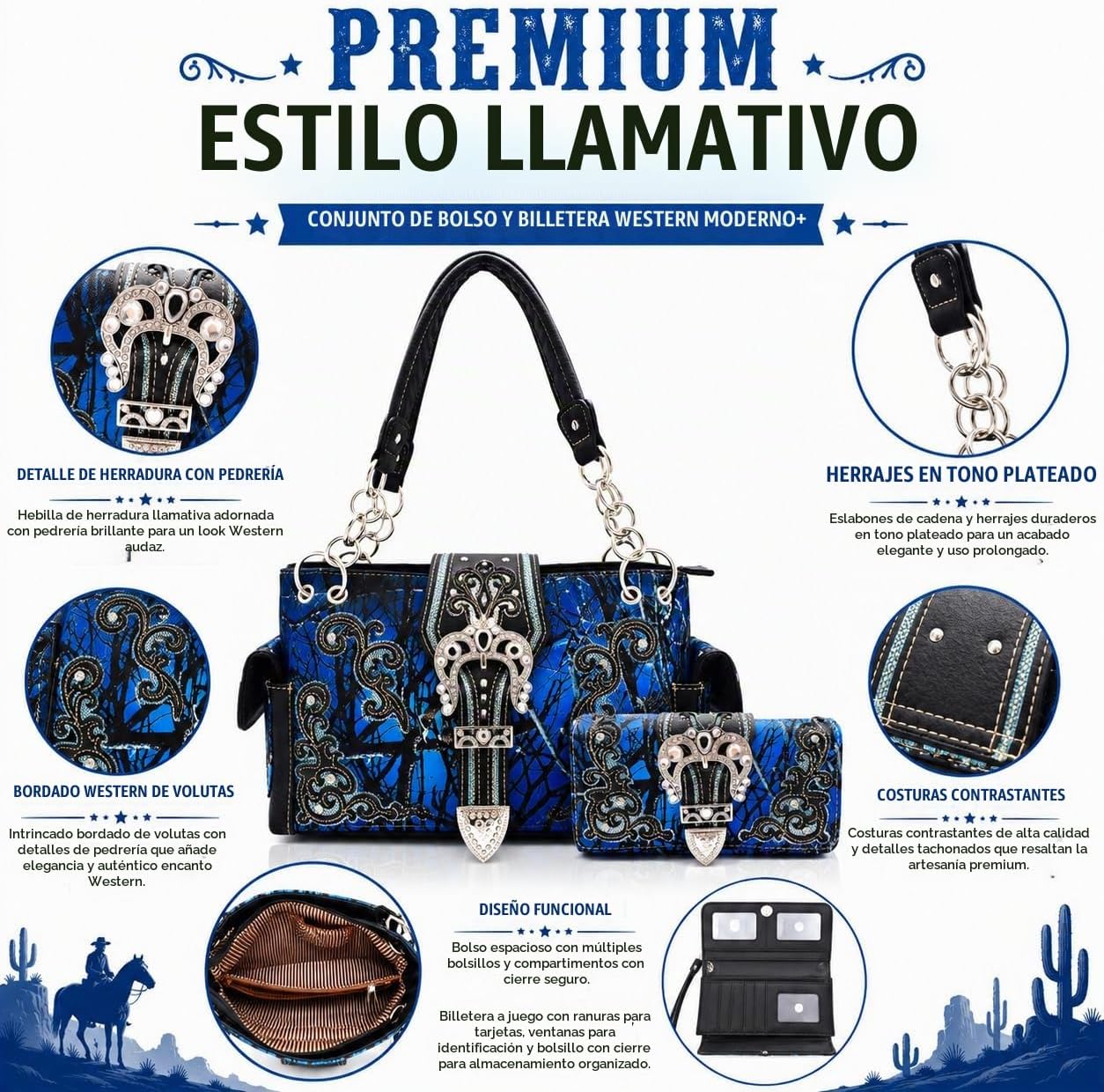 Bolso estilo occidental con hebilla de corona camuflaje, brillo flo...