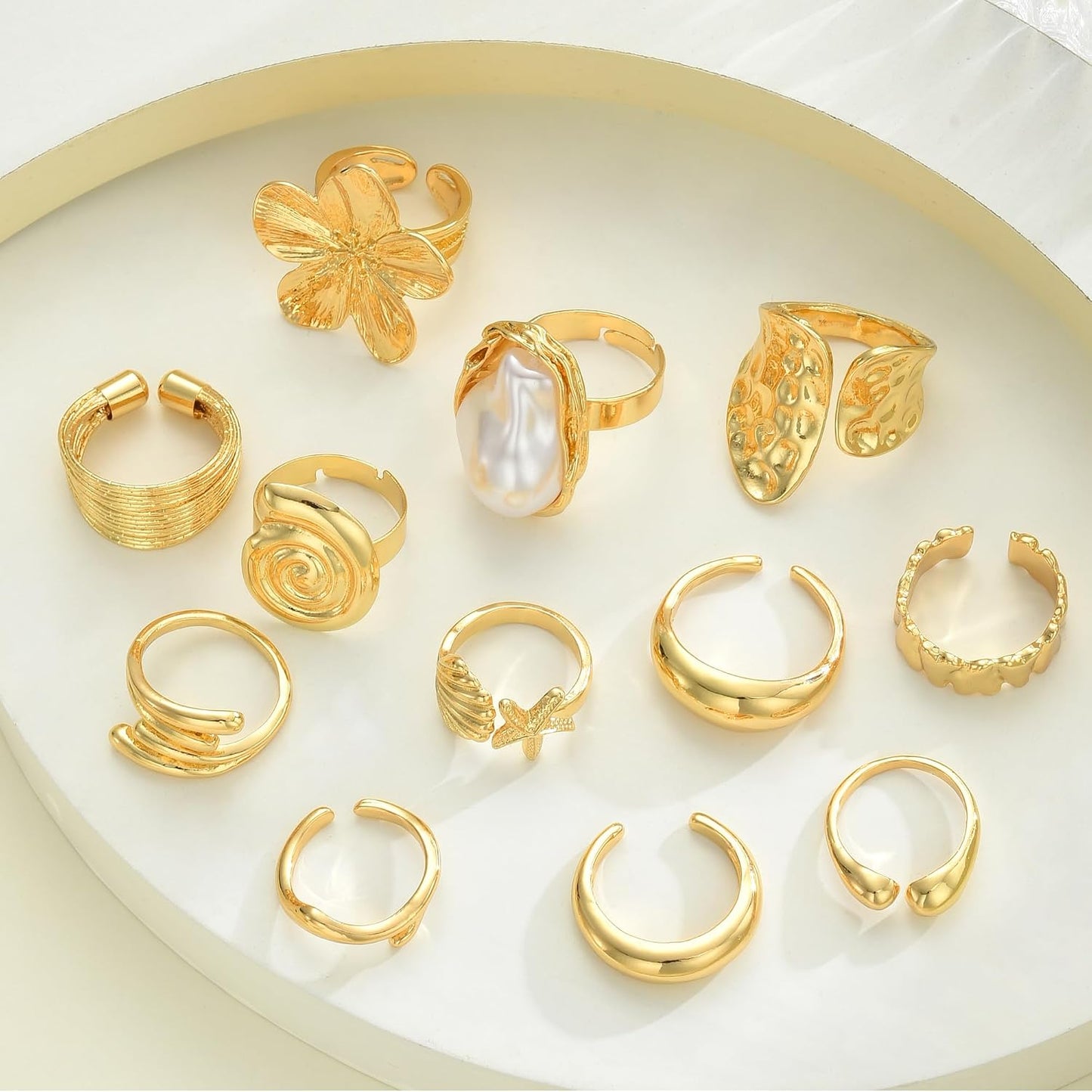 12 piezas de anillos de oro gruesos para mujer, anillo de flor sin...