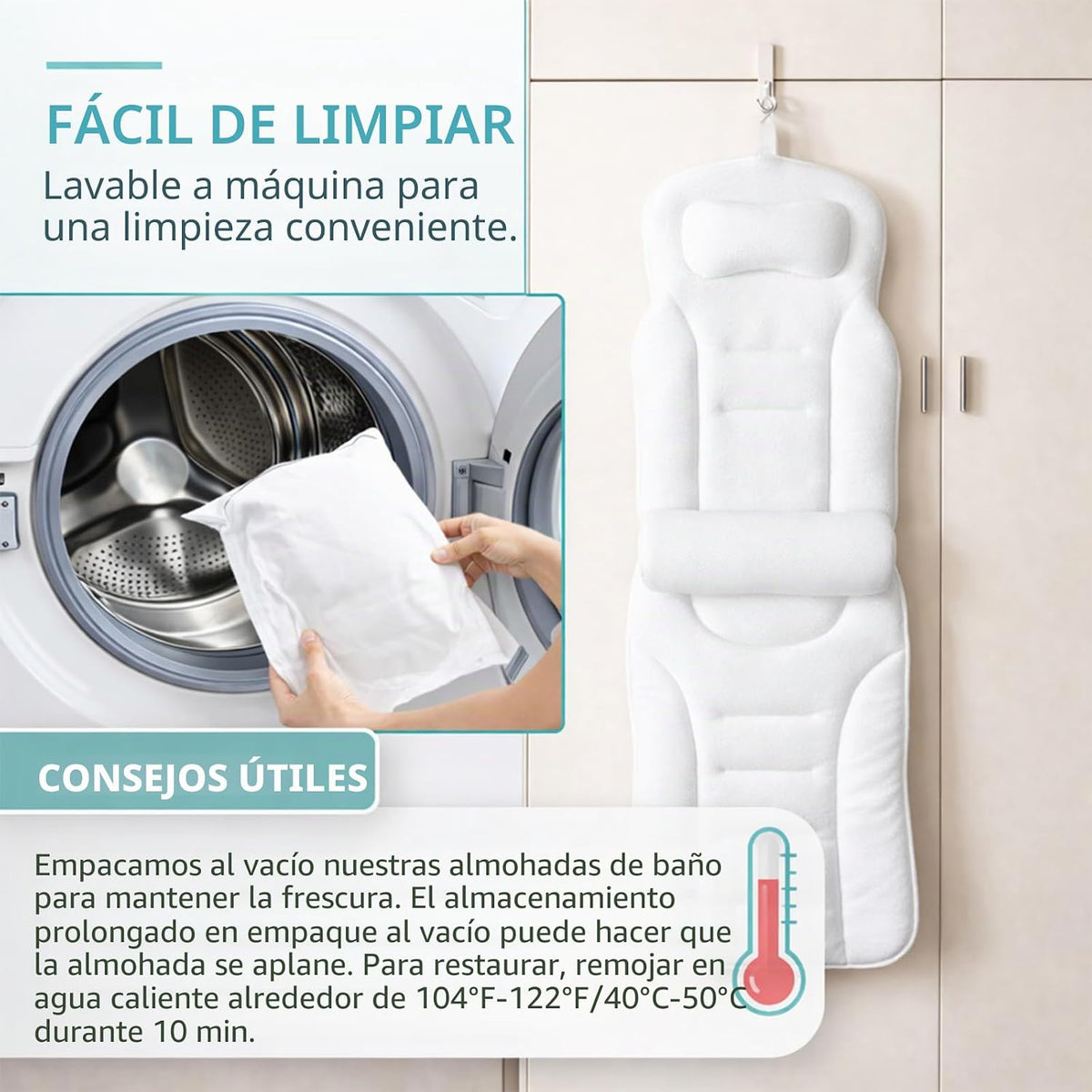 Almohada de cuerpo completo para bañera con soporte lumbar, cojín d...