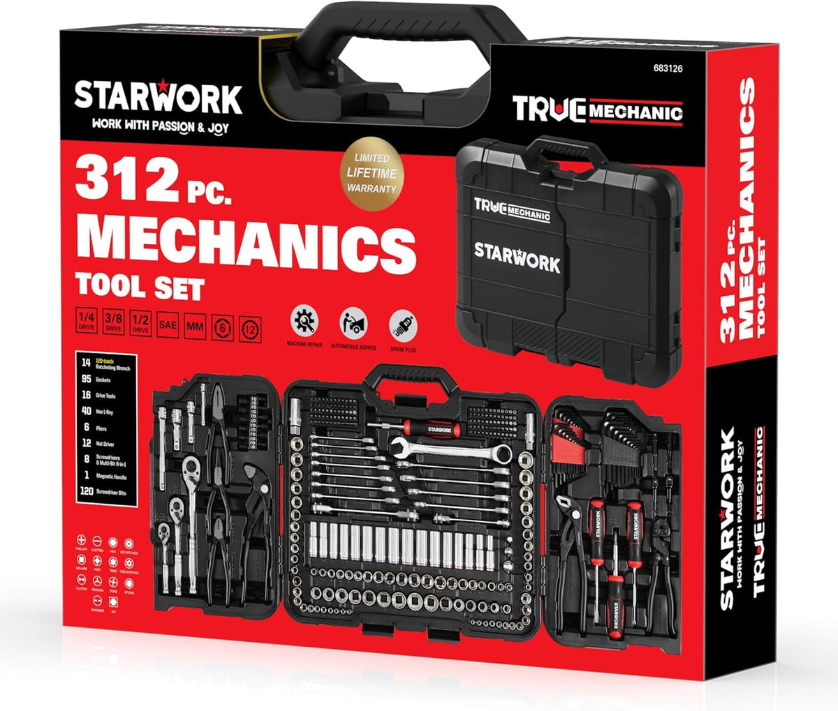 STARWORK TRUE MECHANIC Juego de herramientas mecánicas de 312 pieza...