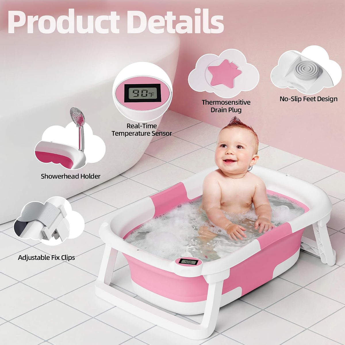 iBabyMax Bañera plegable para bebés con termómetro, 0-36 meses, ros...