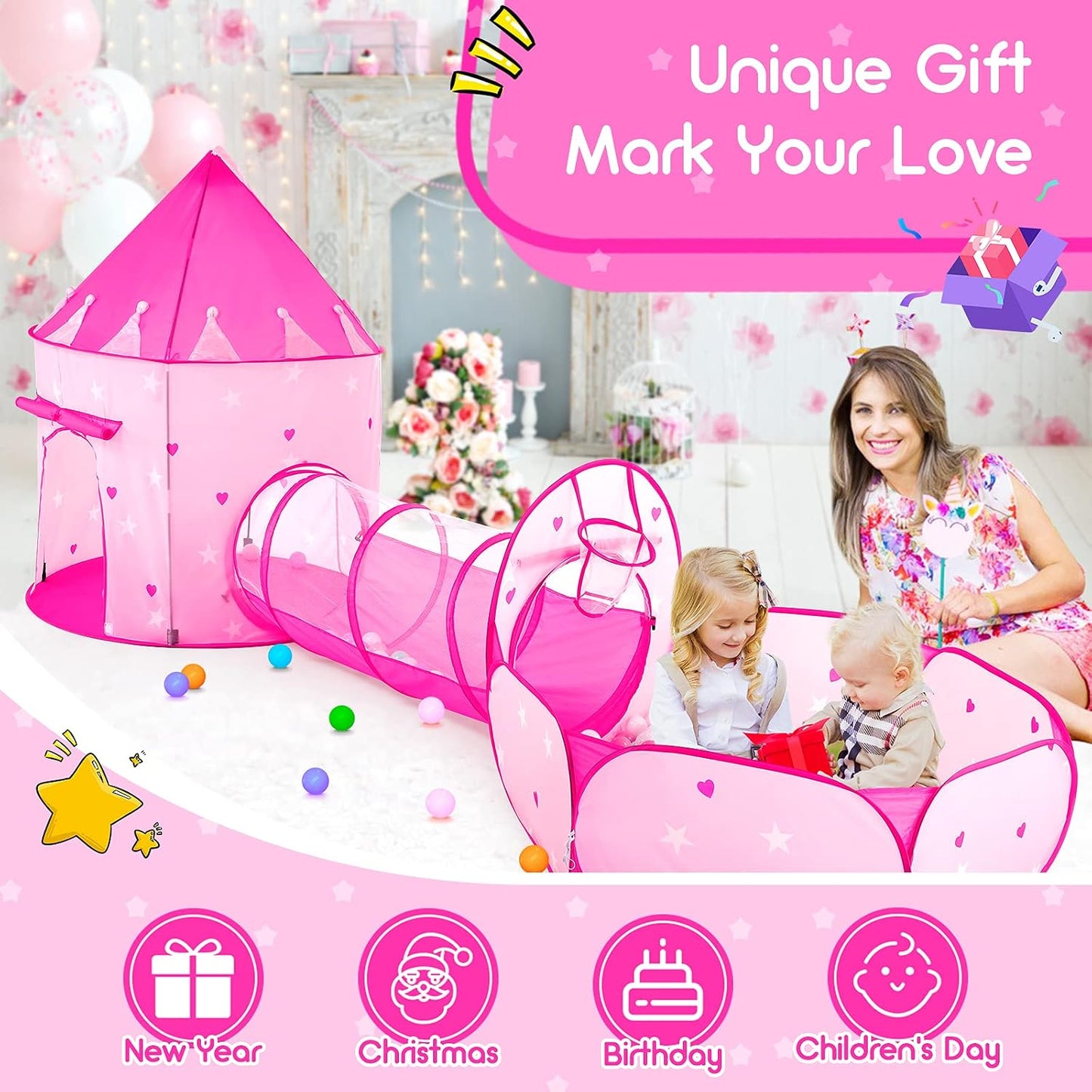 PigPigPen Tienda de campaña de 3 piezas para niñas con hoyo de bola...