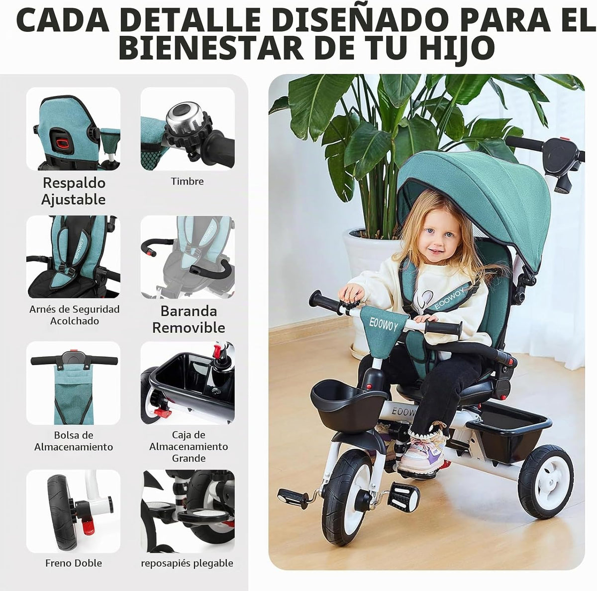 EOOWOY Triciclo para niños pequeños con mango de empuje, triciclo 7...