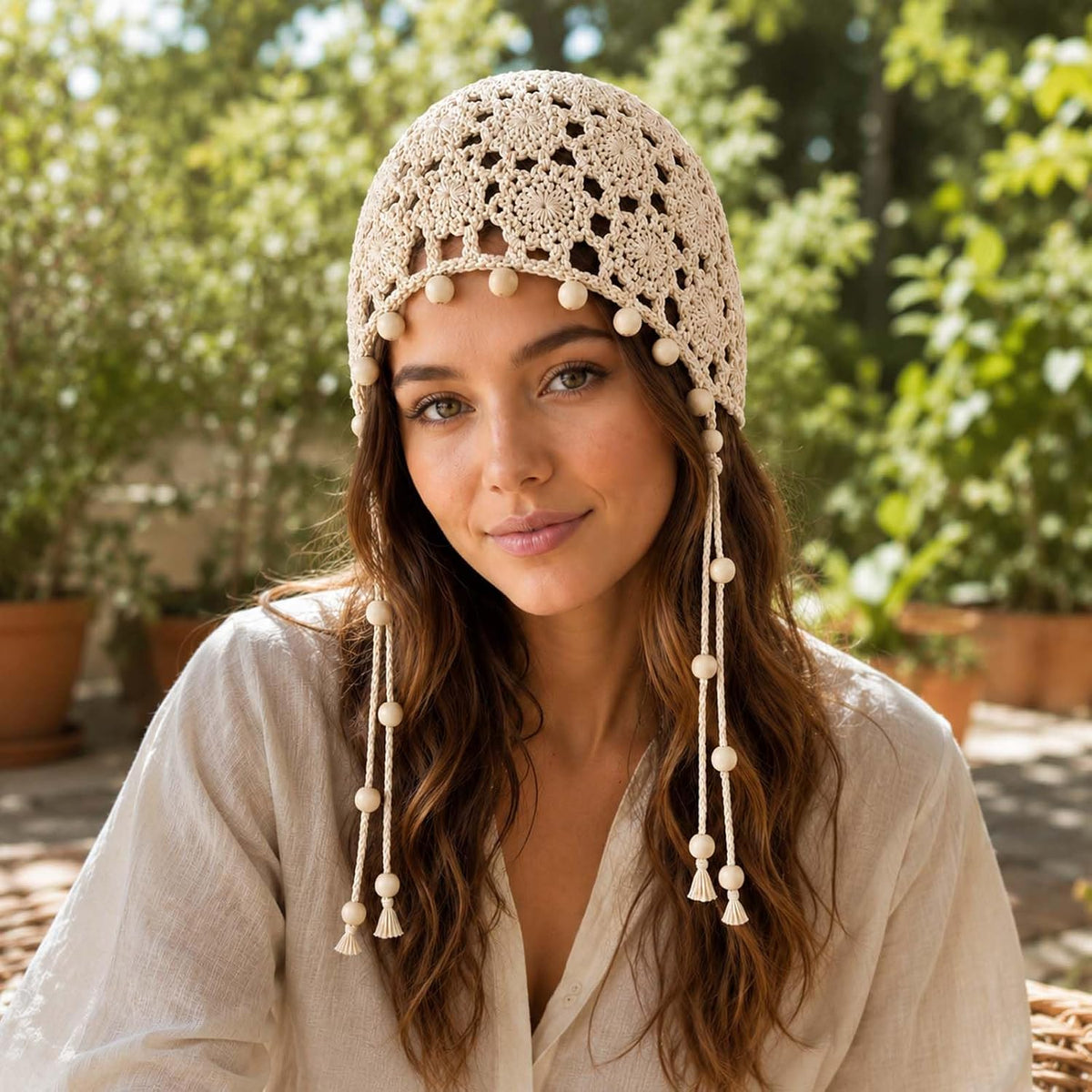 Gorros de ganchillo para mujer, boho, gorro de encaje con cuentas d...