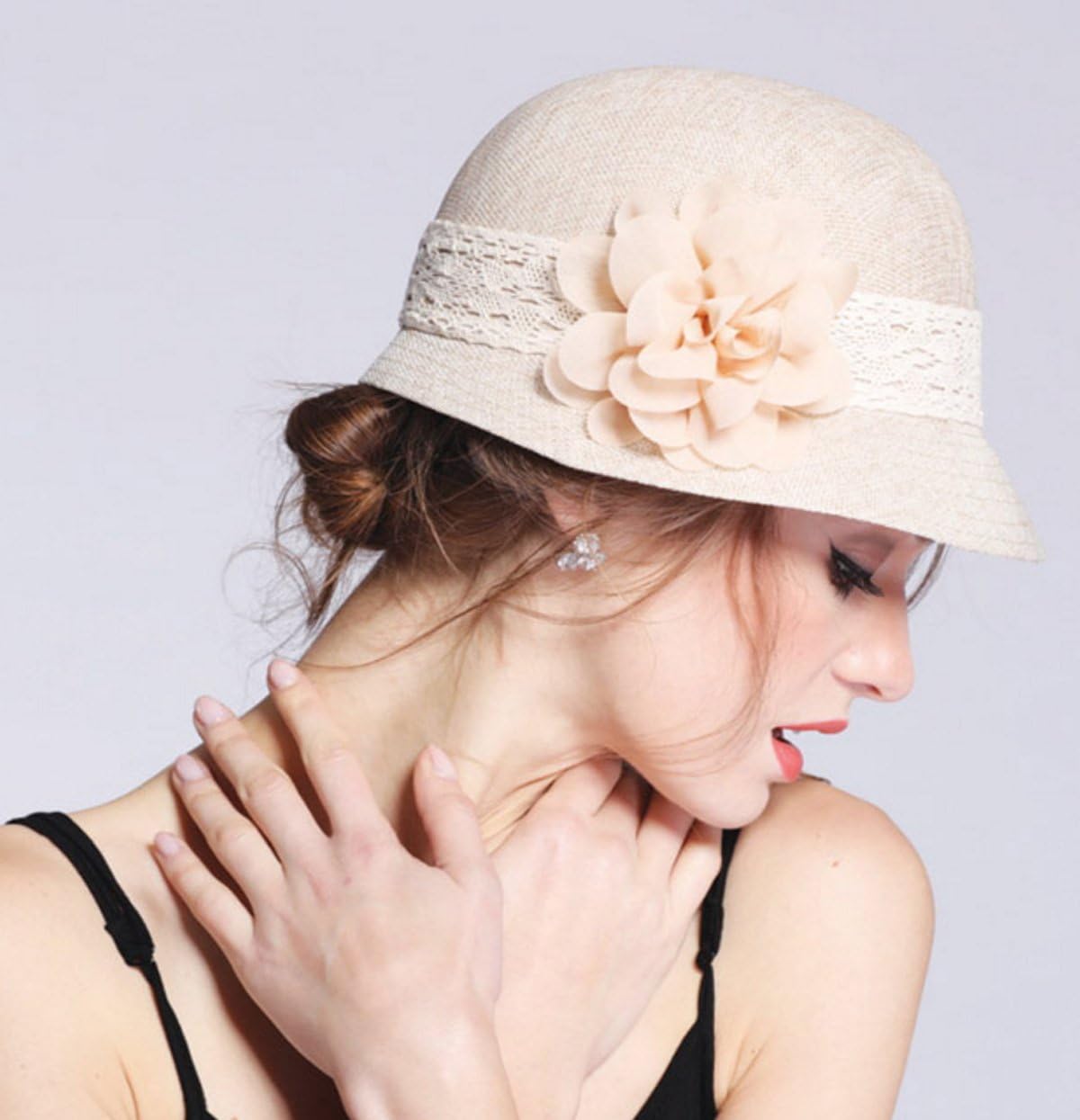 Sombrero de campana estilo Gatsby de lino para mujer con banda de e...