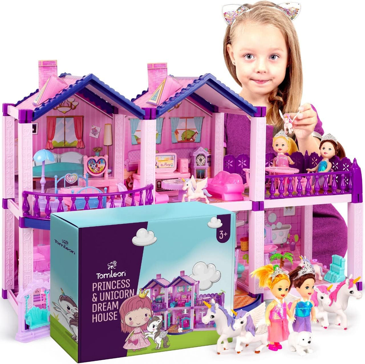 Casa de muñecas con 4 princesas, 4 unicornios, perro, muebles y acc...