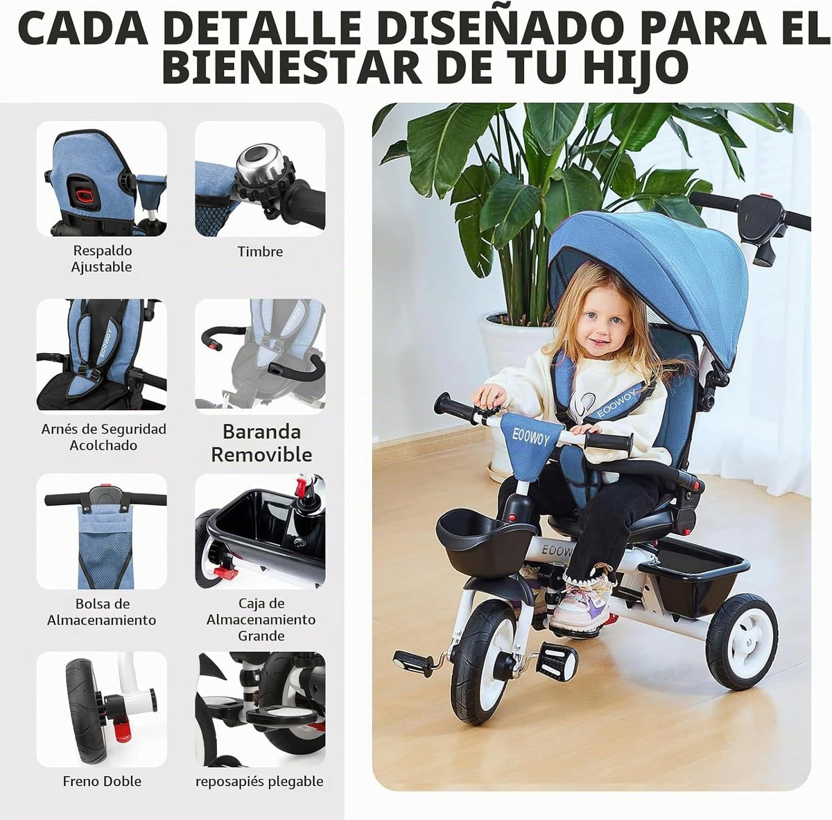 EOOWOY Triciclo para niños pequeños con mango de empuje, Cochecito...