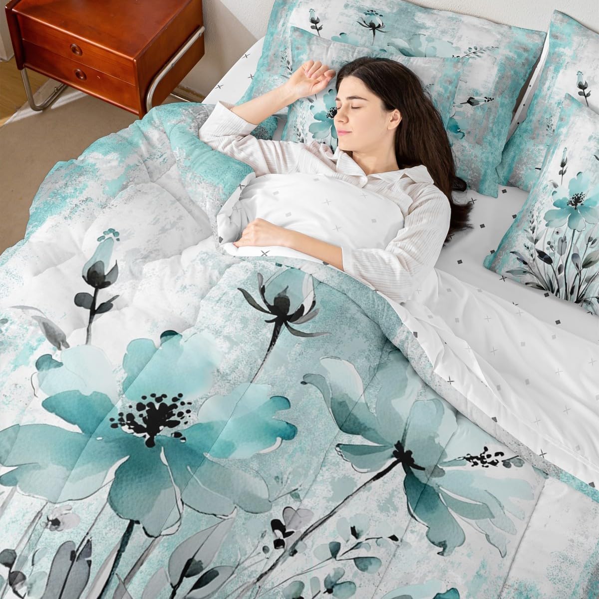 Erosebridal Ropa de cama Queen con Flores de Acuarela 7 Piezas para...
