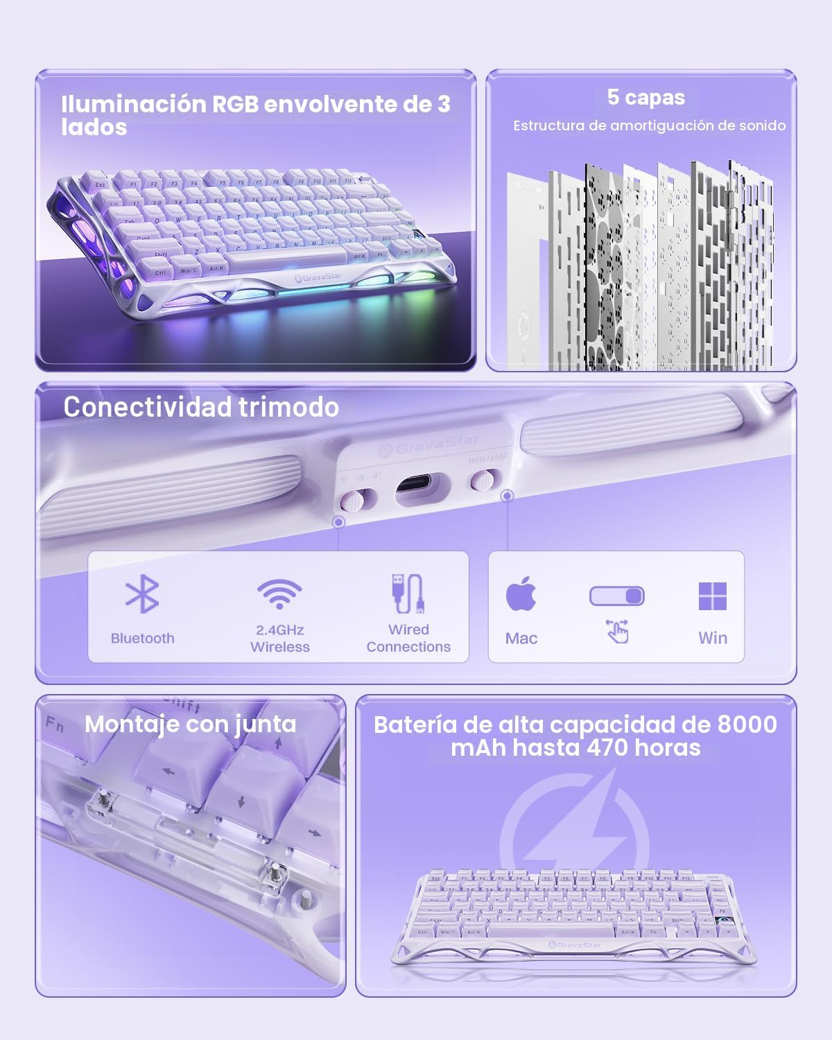 GravaStar Teclado mecánico inalámbrico para juegos Mercury K1 75% c...