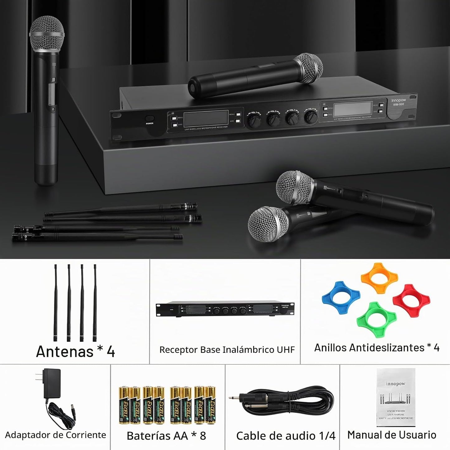 Innopow Sistema de micrófonos inalámbricos de 4 canales, set de mic...