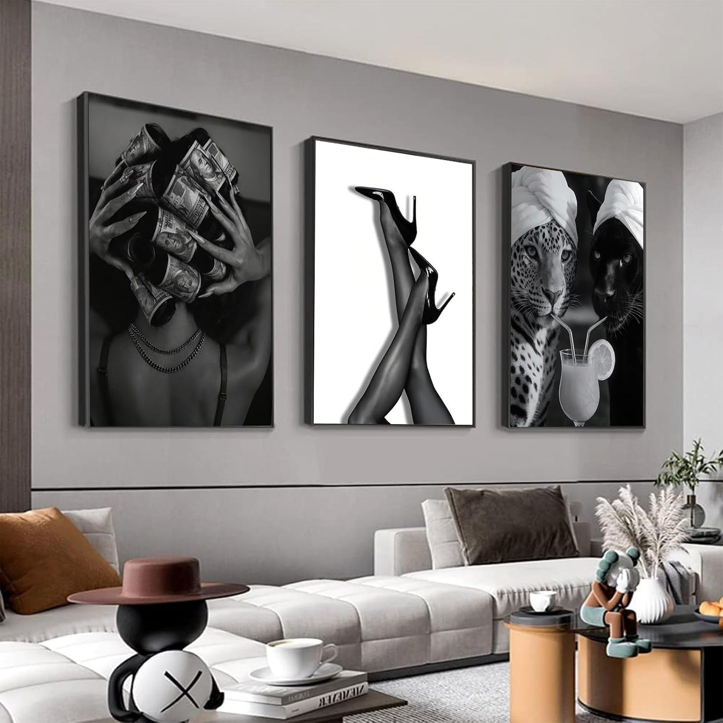 3 piezas de arte de pared de lona con diseño de leopardo negro y bl...