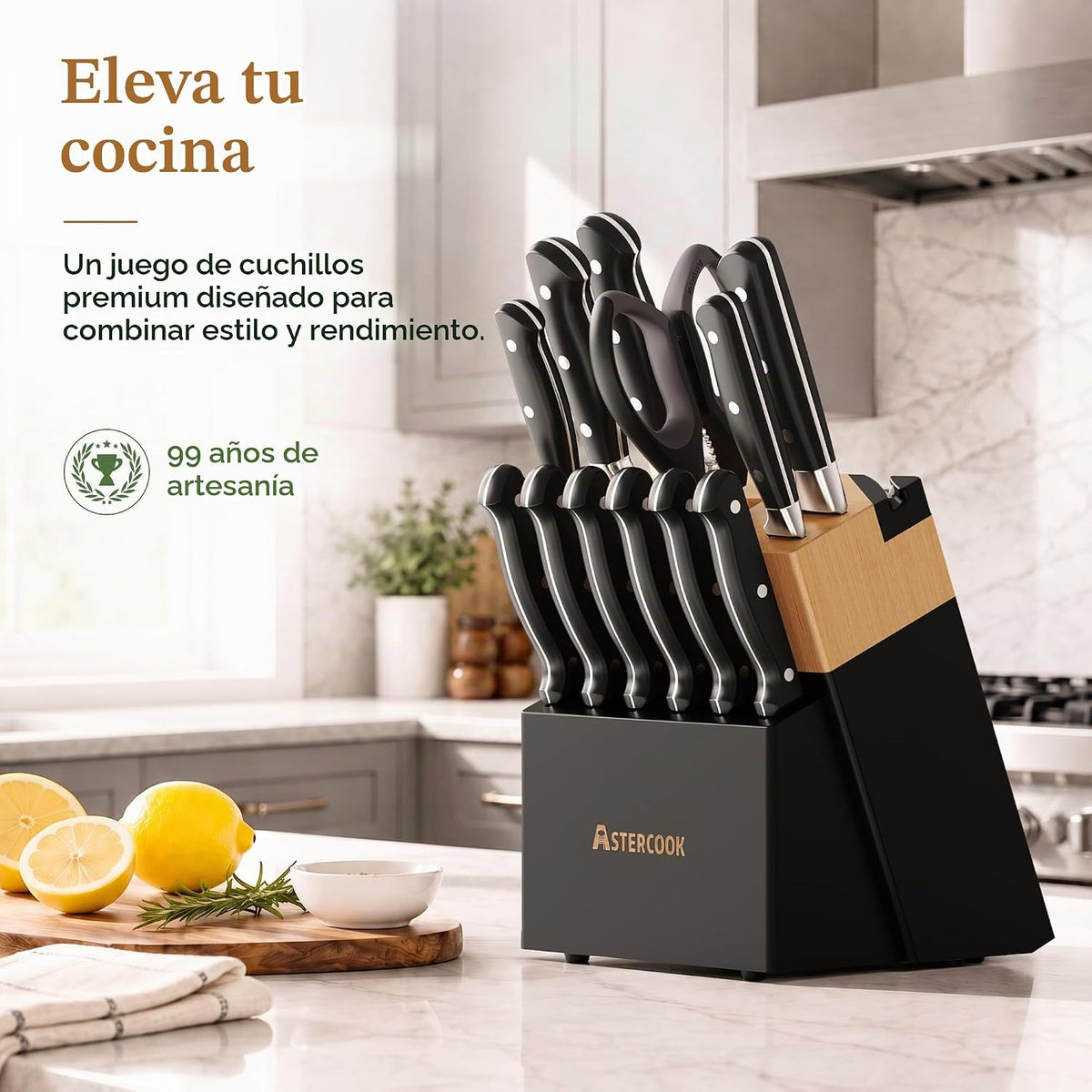 Astercook Juego de cuchillos de cocina de espiga completa con bloqu...
