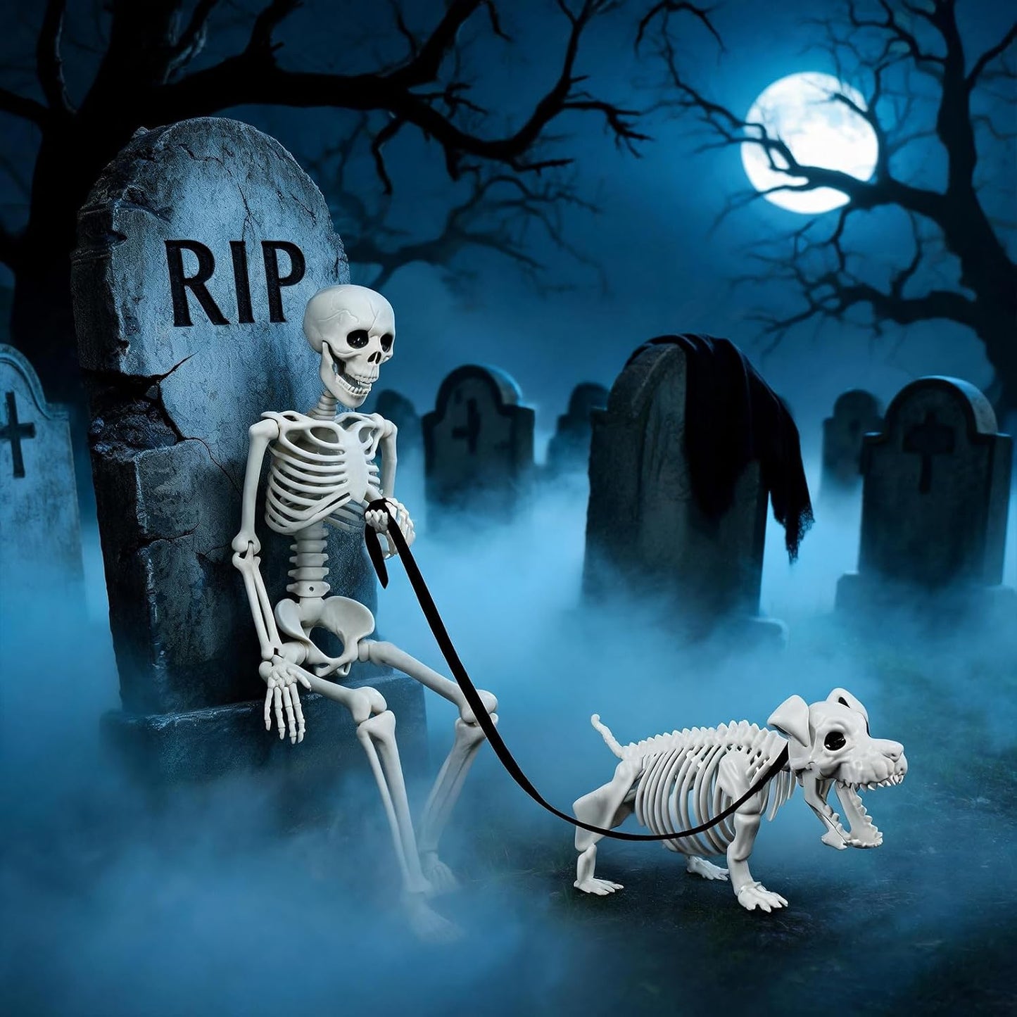 UZYZMS Decoración de Halloween de esqueleto humano y perro de 3.2 p...