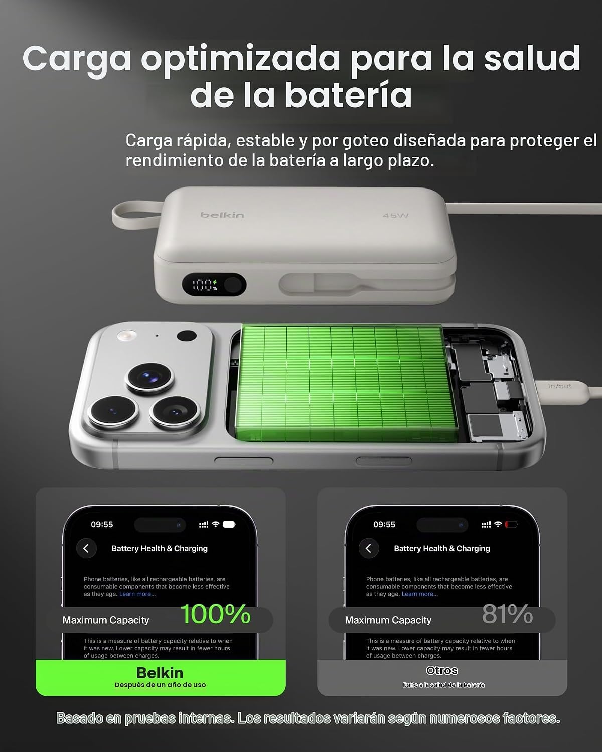 Belkin 20000mAh 45W Cargador portátil Power Bank con cable USB C in...